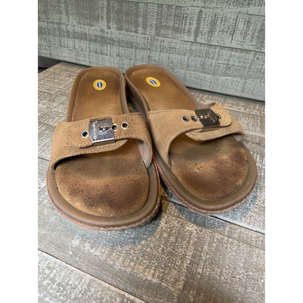 Dr Scholls Womens 9 M The Original Heaven Tan Suede Leather Slides Sandals Shoes